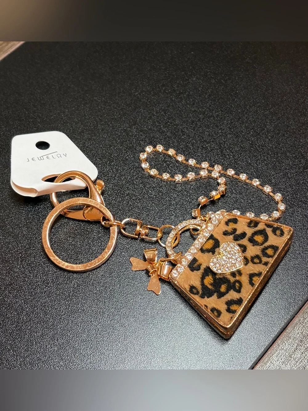 Leopard Print Purse Charm Keychain - Gold with Crystal Accents